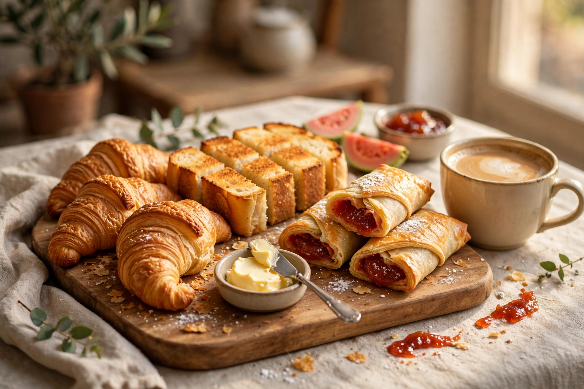 Desayuno con croissants, pan tostado y café con leche
